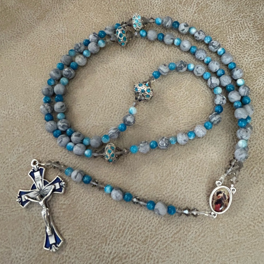 Blue and Silver Beaded Rosary- Necklace - Picture 2 of 2